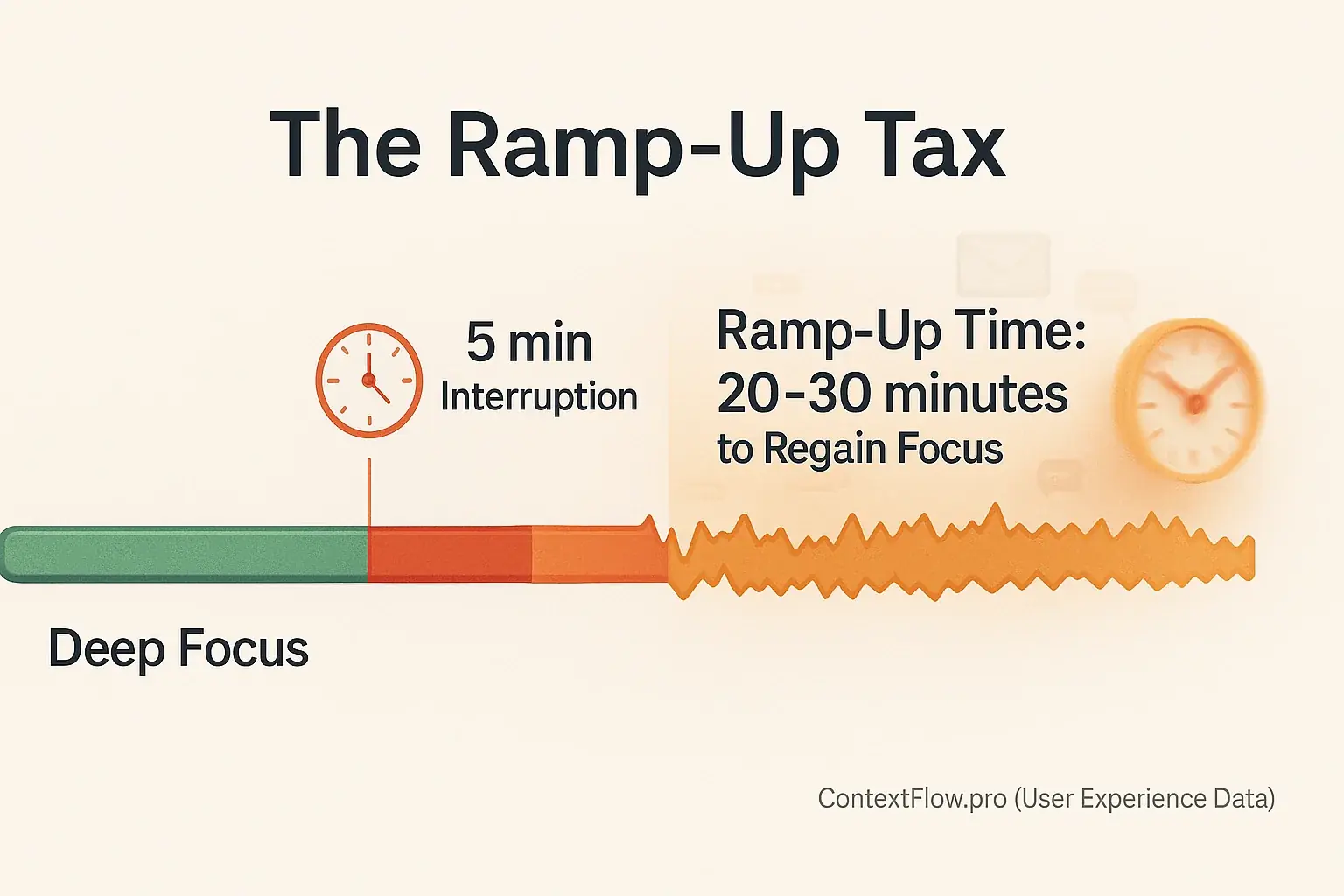 Timeline: Brief interruption shown by clock, then a disproportionately longer ramp-up to regain focus, the 'ramp-up tax'.