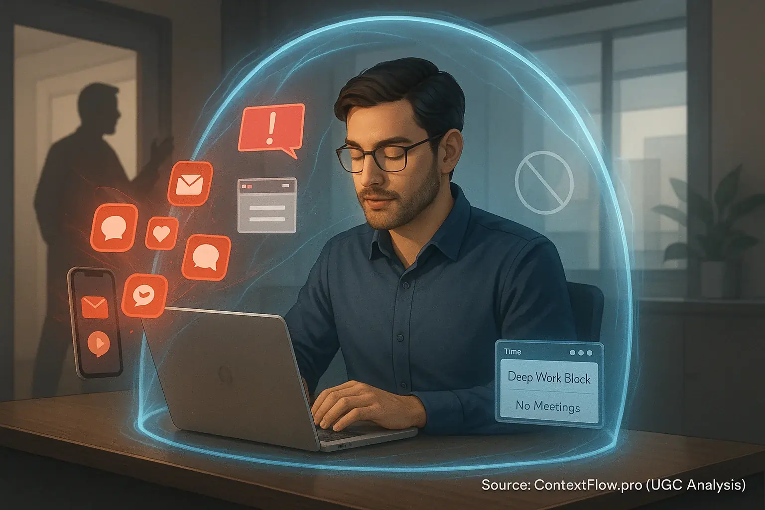 Shield blocks digital alerts & office interruptions, protecting a focused hybrid worker's deep work flow.