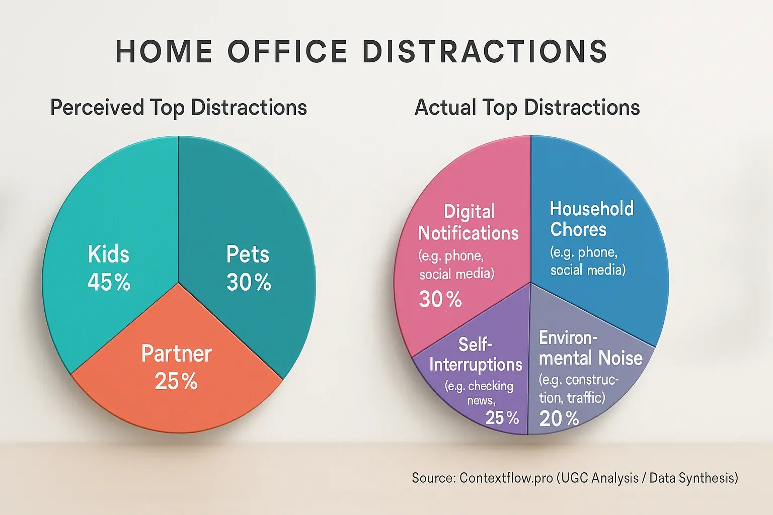 Two pie charts: Perceived distractions (kids, pets) vs. actual culprits (chores, notifications, self-interruptions).