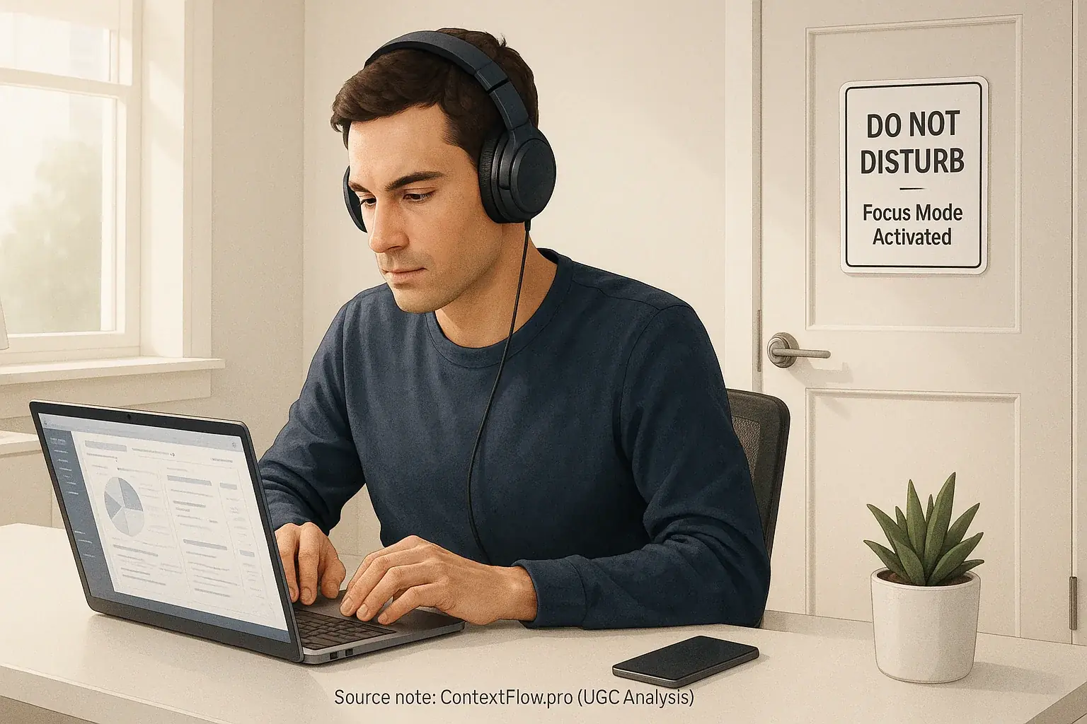 Focused home worker with noise-cancelling headphones, DND sign, clean desk, phone down, managing office distractions.