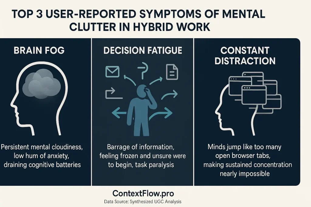 Infographic: Top 3 user-reported hybrid work mental clutter symptoms: Brain Fog, Decision Fatigue, Constant Distraction,