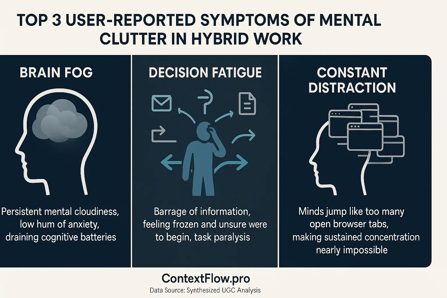 Infographic: Top 3 user-reported hybrid work mental clutter symptoms: Brain Fog, Decision Fatigue, Constant Distraction,