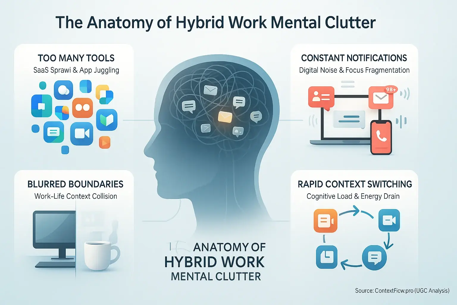 Infographic: Root causes of hybrid work mental clutter—too many tools, notifications, blurred boundaries, context switching.