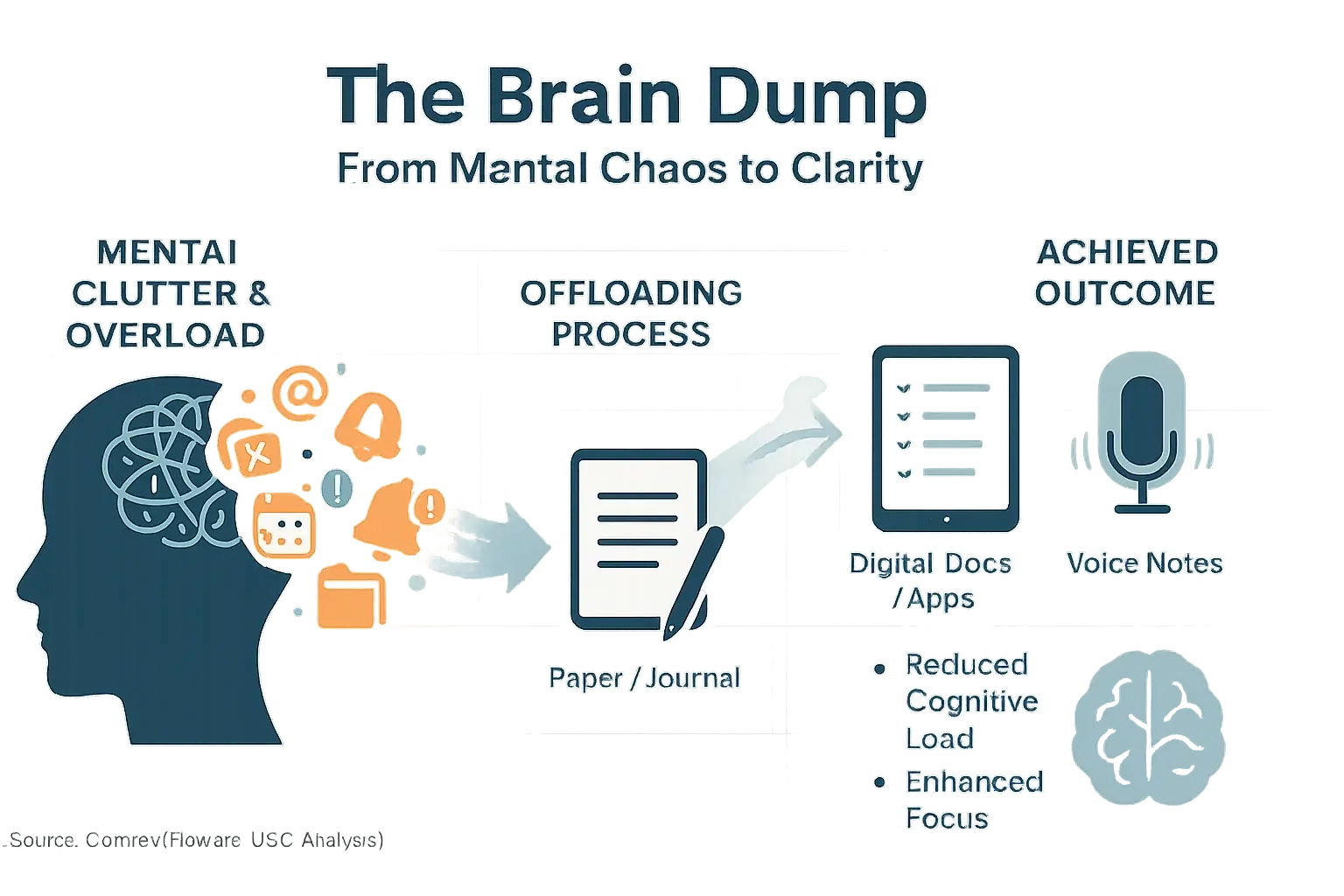 Infographic visualizing the brain dump: shows ideas flowing from mind to paper/digital tools for mental clarity in hybrid