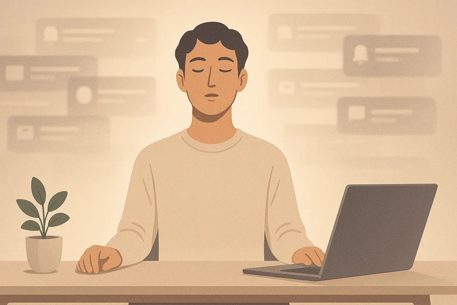 Serene hybrid worker at desk, eyes closed, using mindfulness to find peace amid digital distractions.