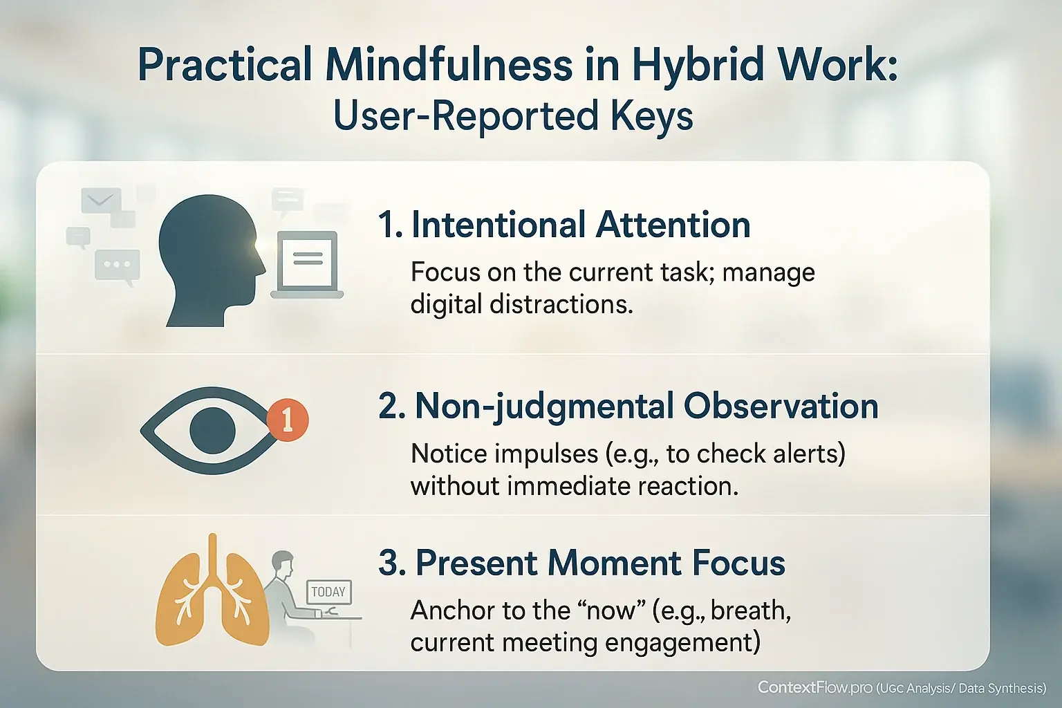 User-defined mindfulness for hybrid work: key elements include intentional attention, non-judgmental observation, present