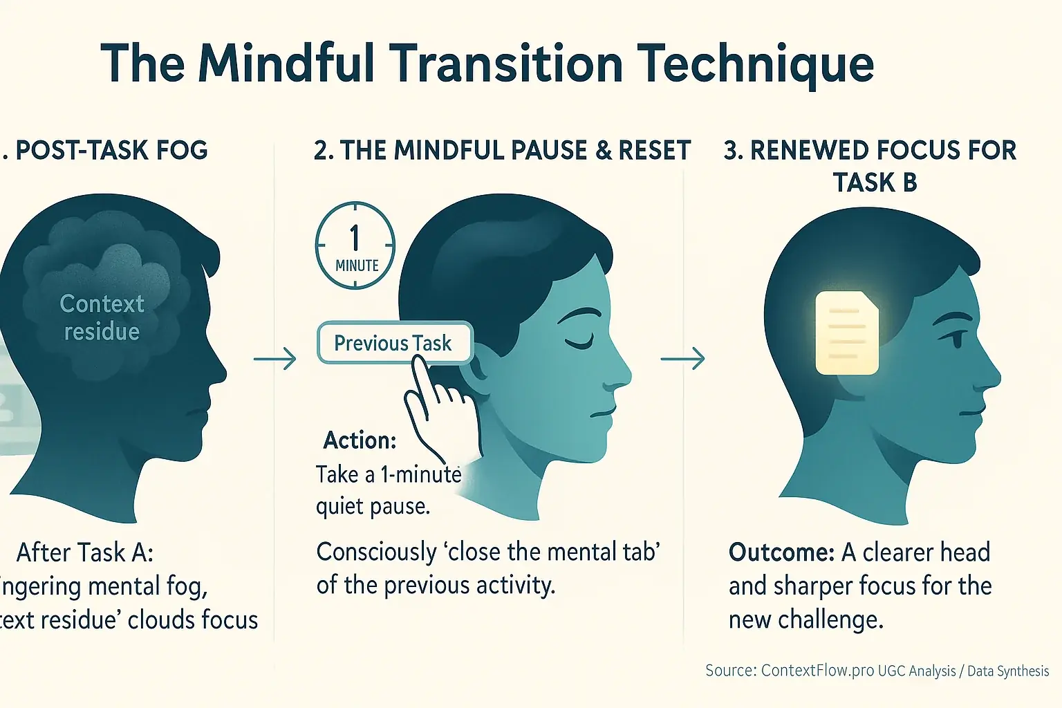 Infographic: Step-by-step &#x27;Mindful Transition&#x27; technique for hybrid workers to switch contexts smoothly, enhancing focus.