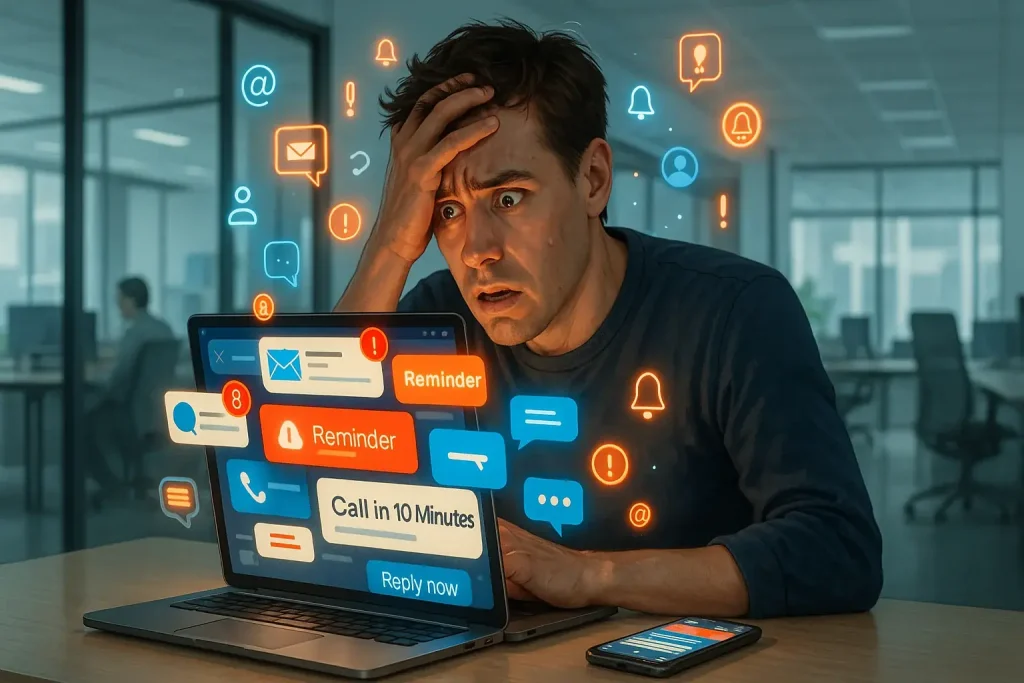 Modern open office fails to ensure focus as worker is overwhelmed by digital notifications, proving distractions follow.