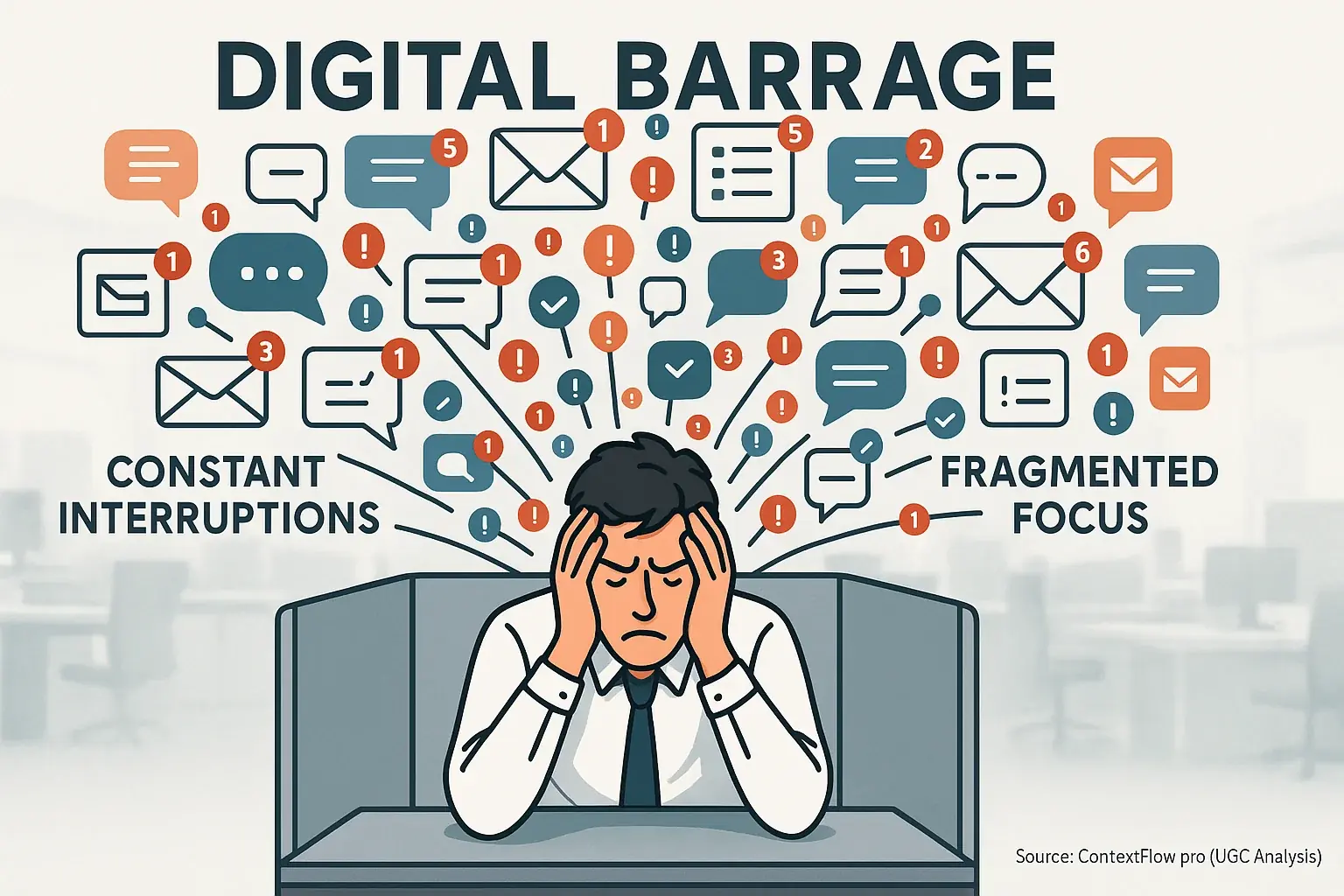 Infographic: Worker with cognitive overload from app notification icons; percentages show high user distraction rates.