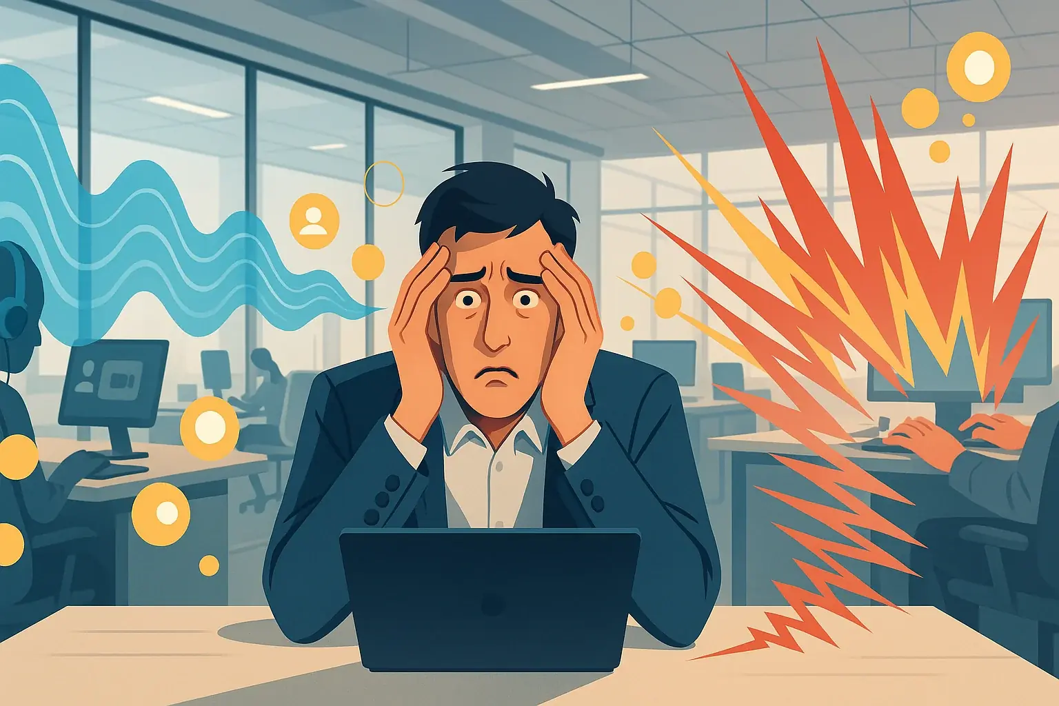 Worker in open office overwhelmed by amplified digital sound waves, illustrating an echo chamber of distractions.