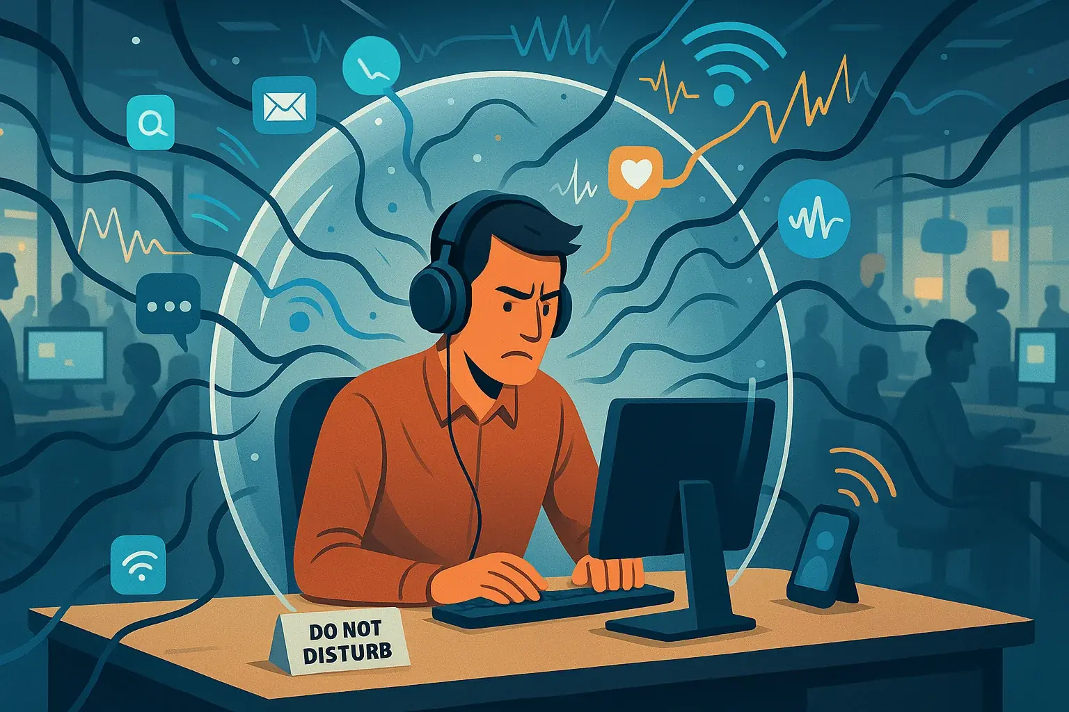 Person in chaotic digital office attempts focus bubble, but notifications relentlessly penetrate, showing elusive focus.