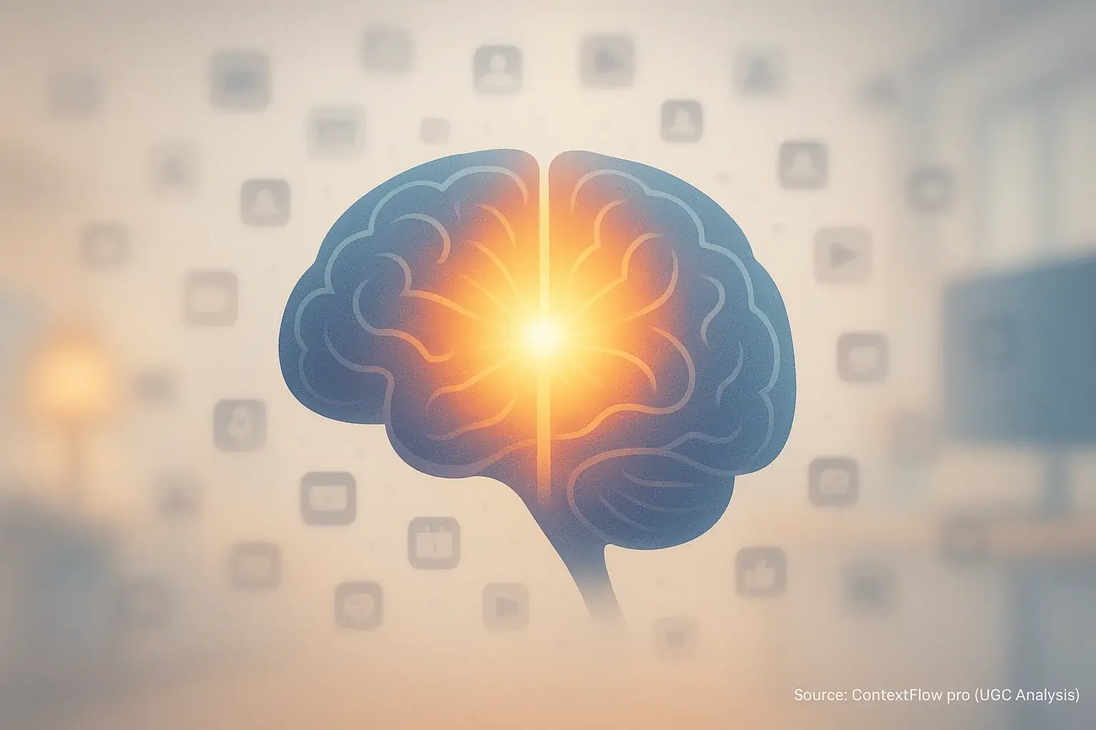 Conceptual brain's focus light activates, digital noise fades, empowering mental clarity and focus anywhere.