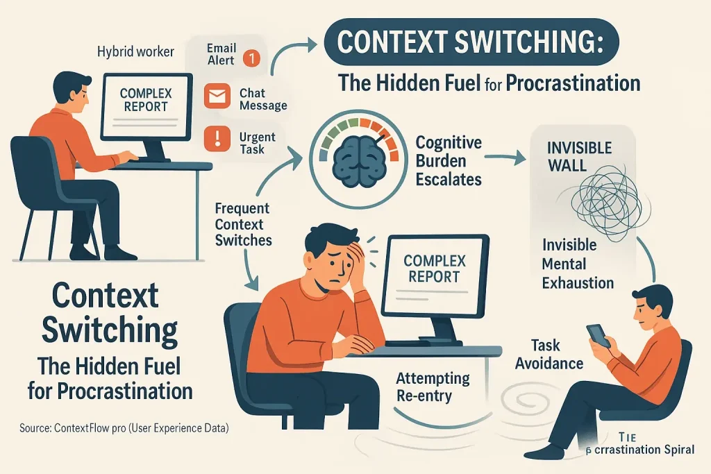 Infographic: Reveals how hybrid work context switching builds cognitive load, spiraling into procrastination.