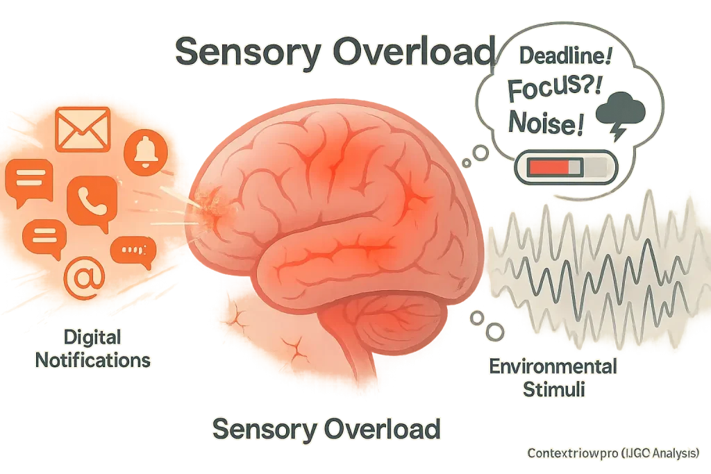 Abstract brain overwhelmed by digital pings & physical noise, showing stress & lost focus from hybrid work sensory overload.