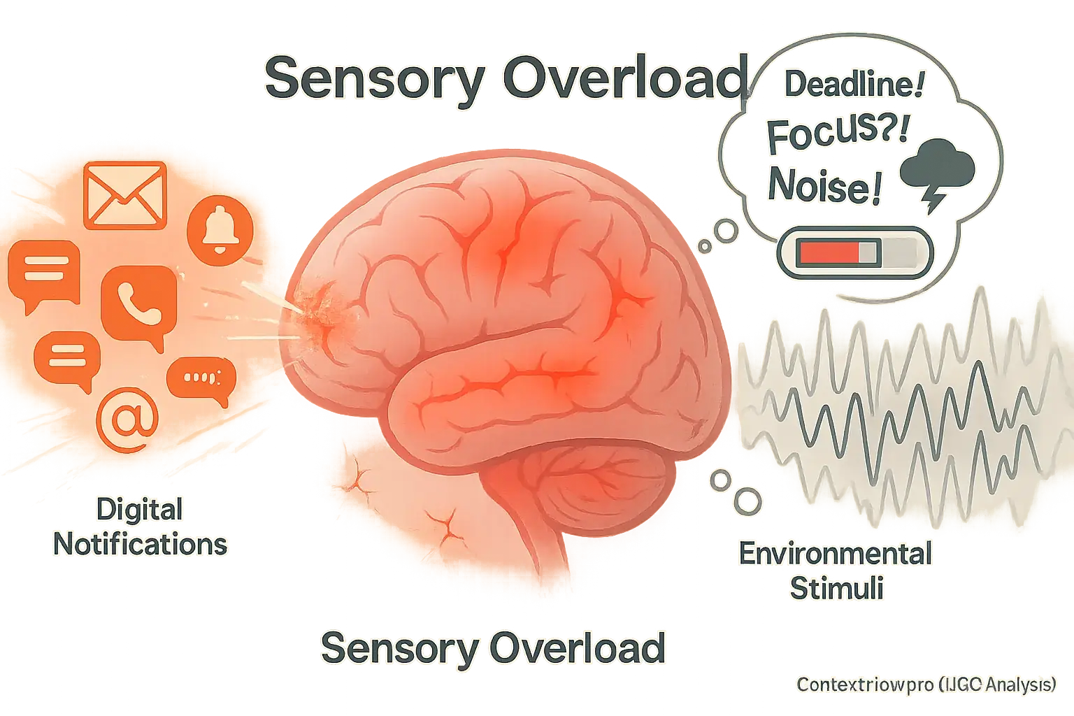 Abstract brain overwhelmed by digital pings & physical noise, showing stress & lost focus from hybrid work sensory overload.