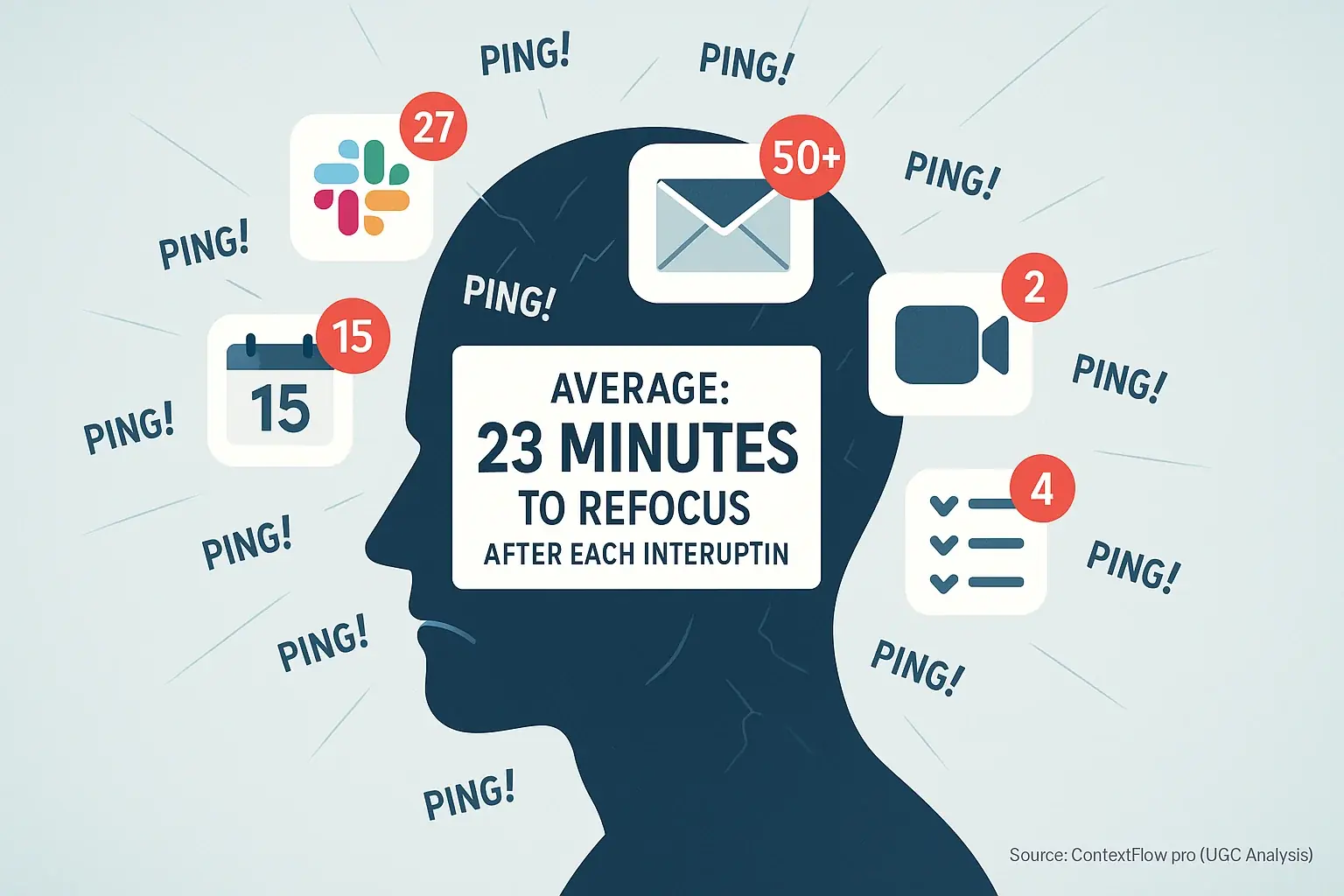 Stylized head with thought bubbles of app icons (Slack, Email, Zoom) & notifications, depicting sources of digital sensory