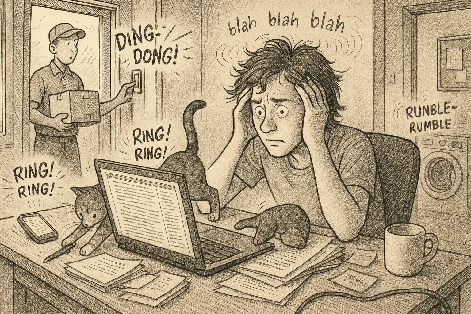 Sketch: Person at desk tries to focus, overwhelmed by physical distractions (delivery, pet, colleague, phone), fueling