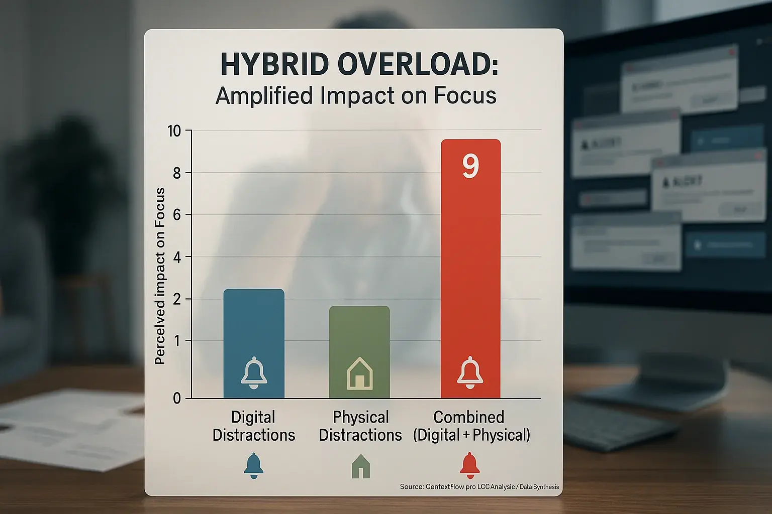 Focus impact comparison: Combined digital-physical distractions rated highest, amplifying hybrid overload.