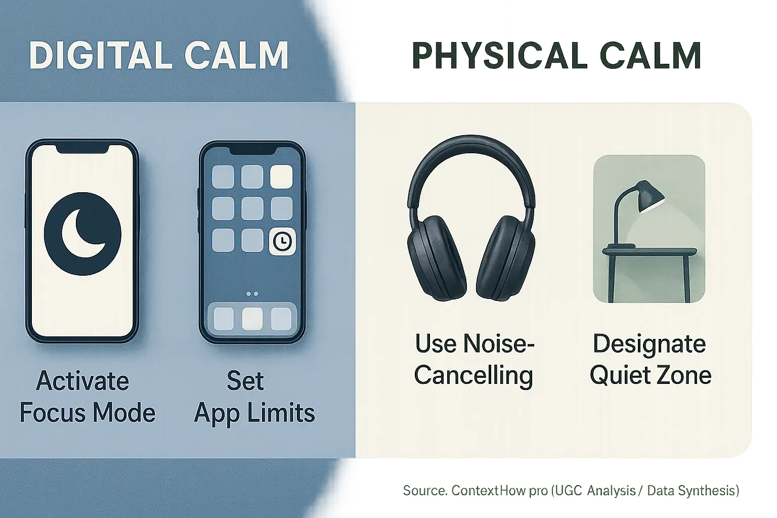 Split infographic: Digital (app limits, notifications) & physical (headphones, quiet zones) coping for sensory overload.