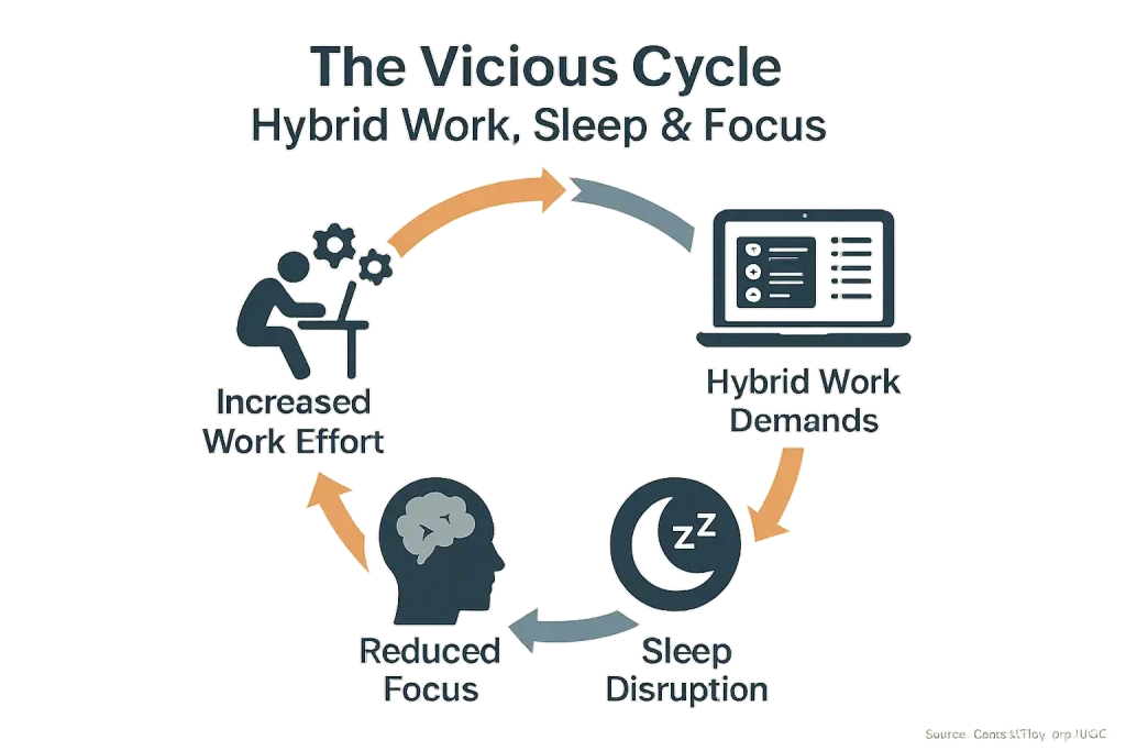 Circular diagram: Hybrid work's vicious cycle: demands -> sleep disruption -> reduced focus -> increased effort -> more