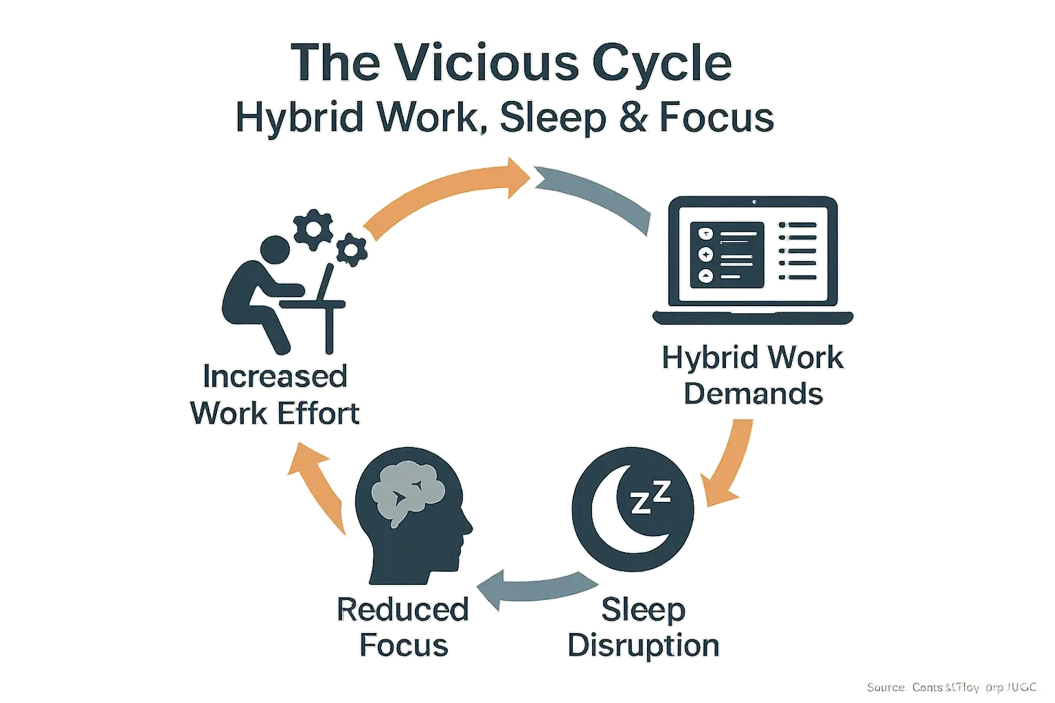 Circular diagram: Hybrid work's vicious cycle: demands -> sleep disruption -> reduced focus -> increased effort -> more