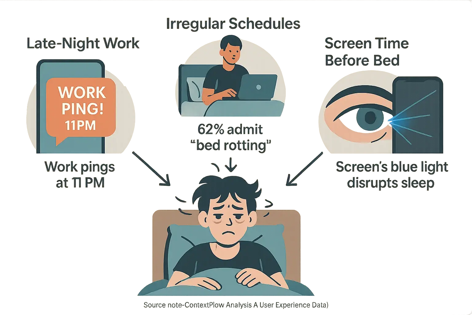 Infographic: Late work, irregular schedules, screen time (with stats) linked to restless sleep, showing hybrid work's sleep