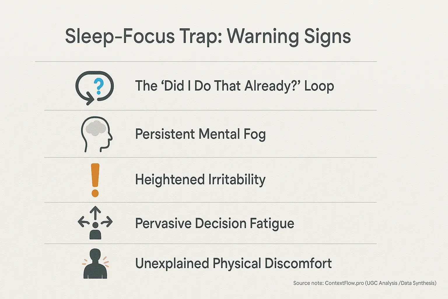 Infographic: List of 4-5 sleep-focus trap warning signs with icons, alerting users to red flags & reality checks.