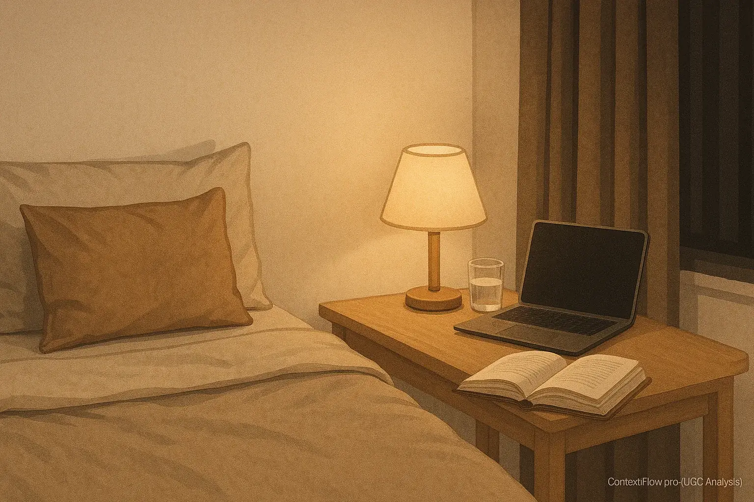 Hybrid worker's cozy, minimalist bedroom: warm dim light, book, laptop off—a sleep hygiene fix.