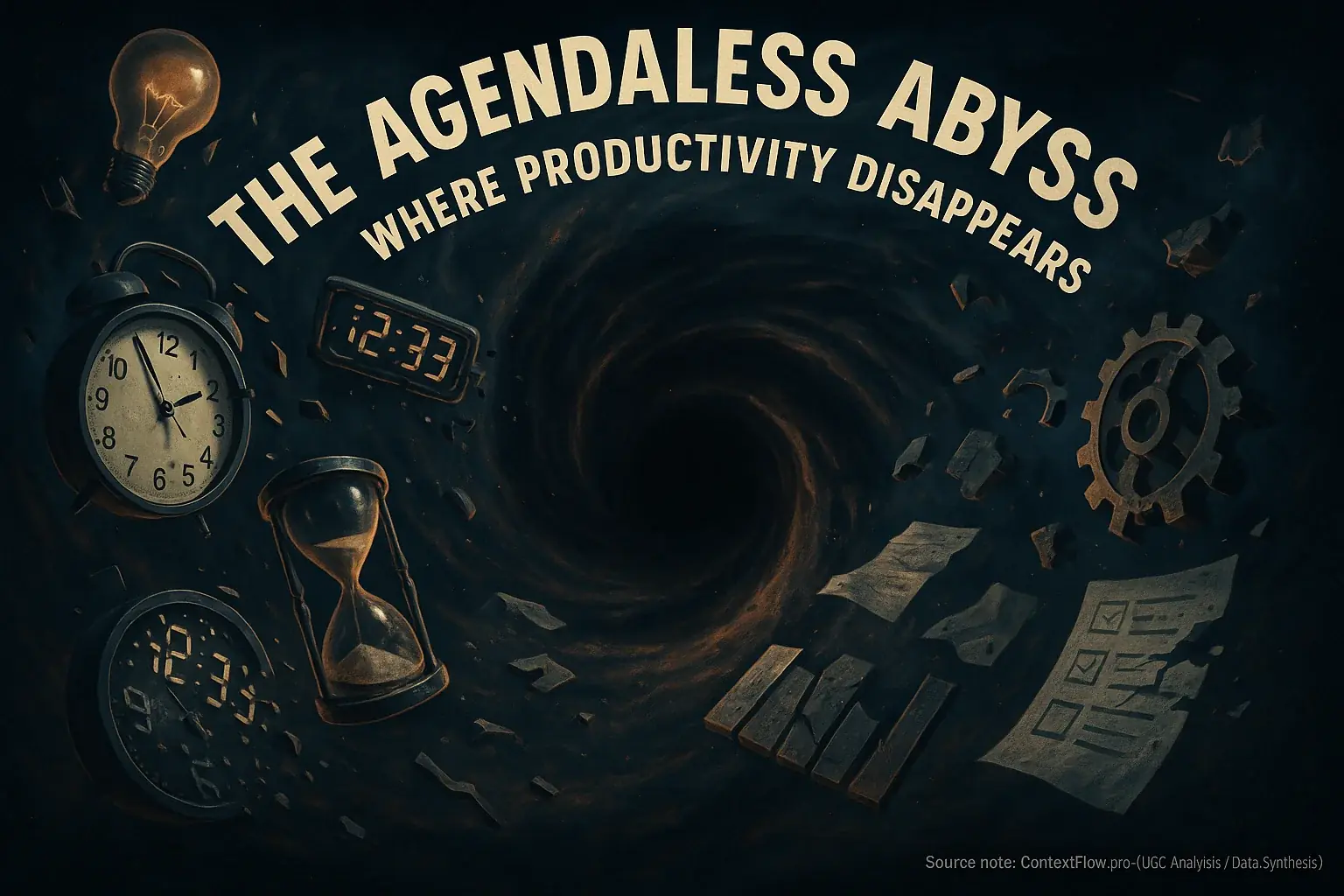 Infographic: 'The Agendaless Abyss: Where Productivity Disappears.' Black hole consumes clocks & icons, symbolizing lost