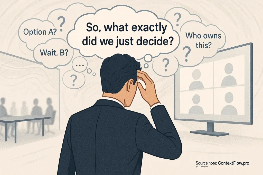 Conceptual: Confused person post-hybrid meeting, thought bubbles show fragmented decisions echoing 'What did we decide?'