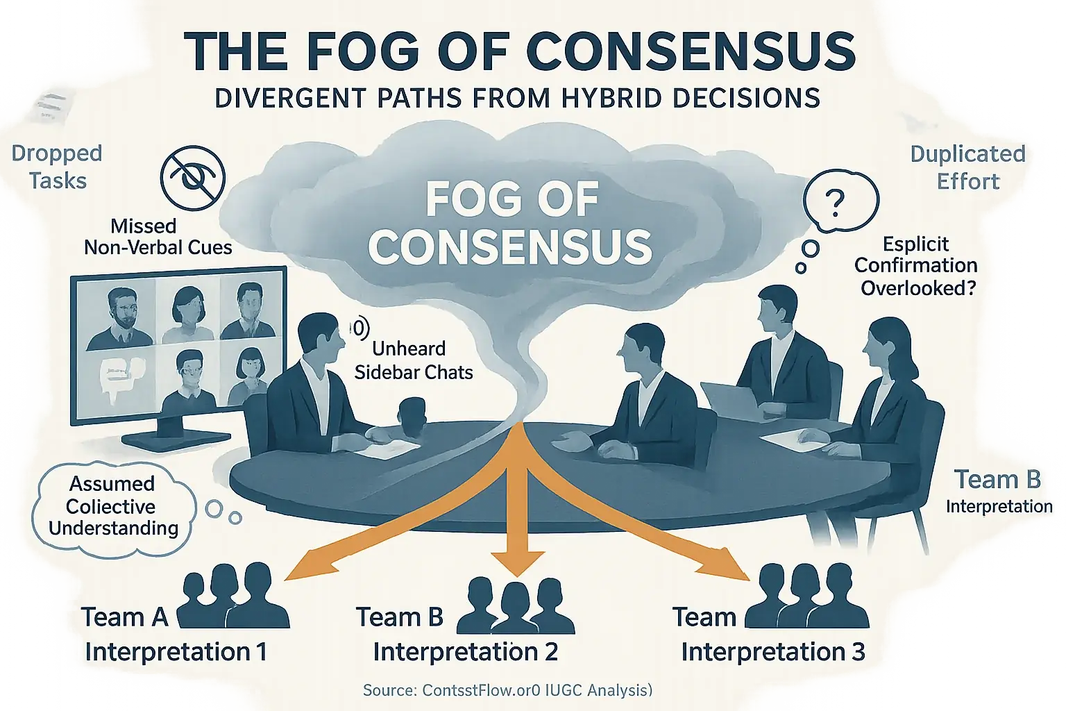 Infographic: 'Fog of Consensus' diagram showing hybrid meeting communication breakdowns & user complaint stats on clarity.