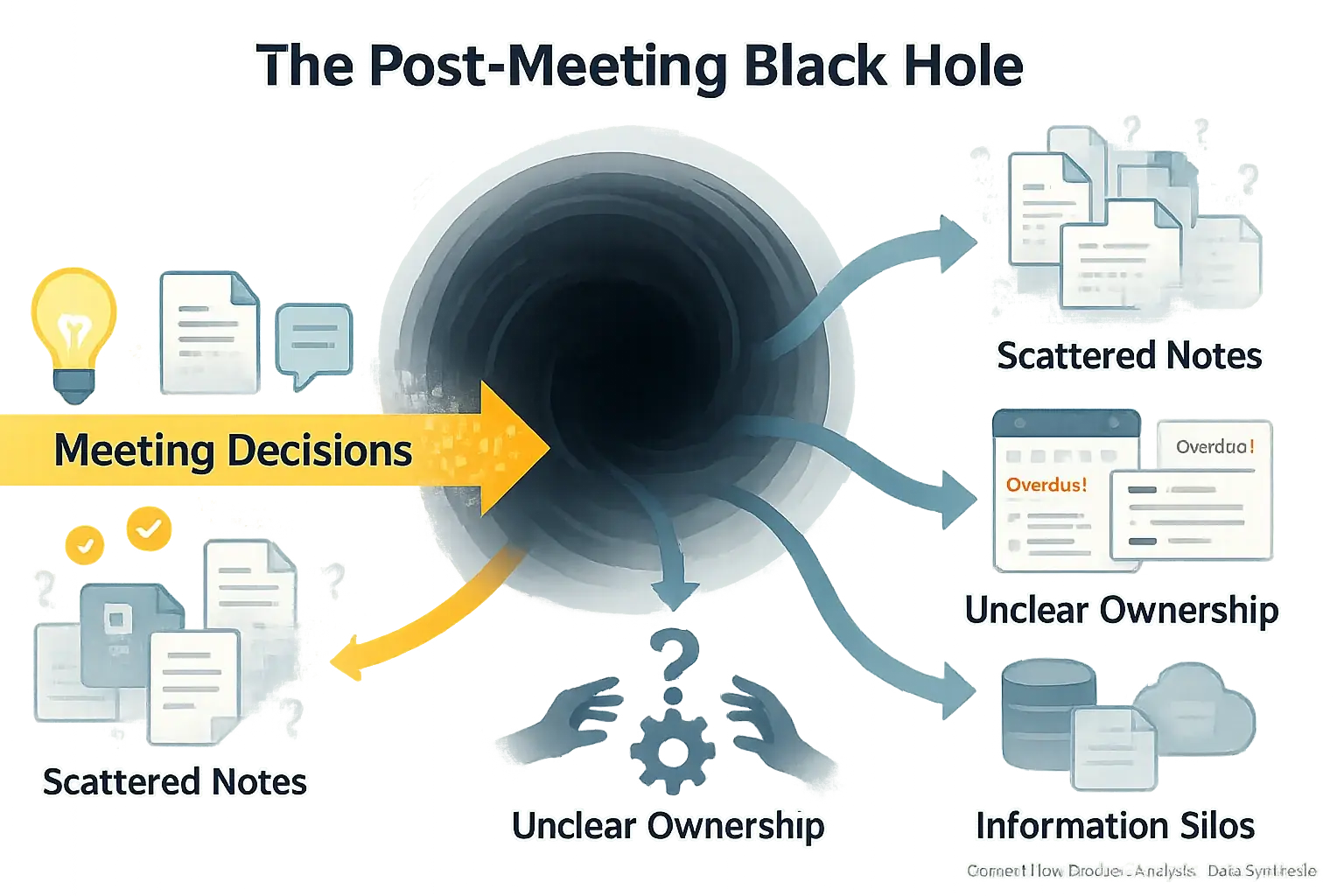 Flowchart: Post-Meeting Black Hole. Decisions enter but get lost via scattered notes, missed follow-ups, unclear ownership.