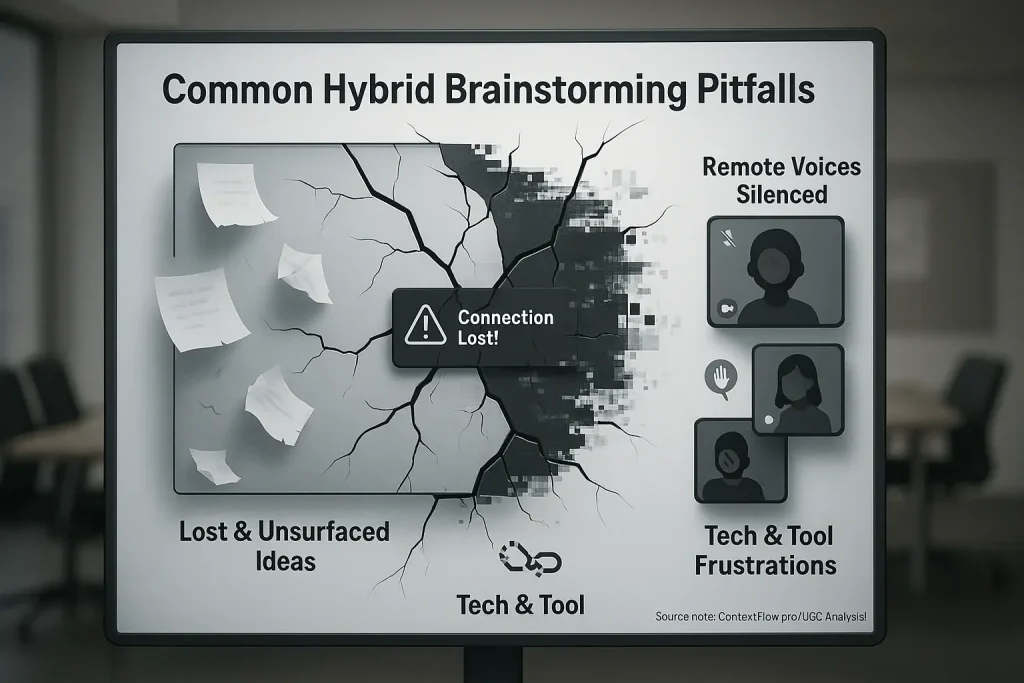 Broken virtual whiteboard illustrates hybrid brainstorming pitfalls: tech issues, lost ideas, and muted remote participants.