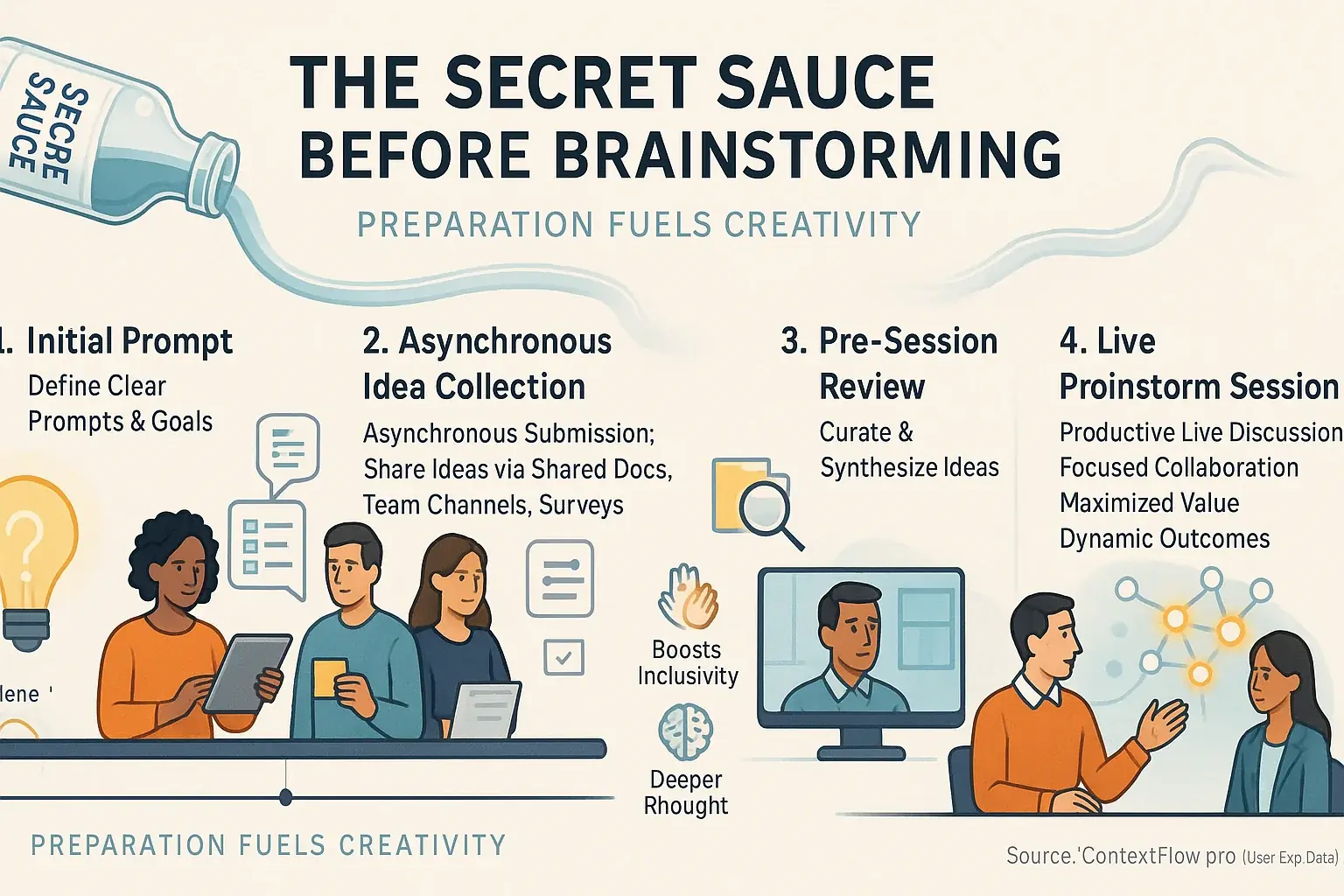 Infographic timeline: pre-brainstorm preparation steps (prompt, async ideas, review, live session) for hybrid creativity.