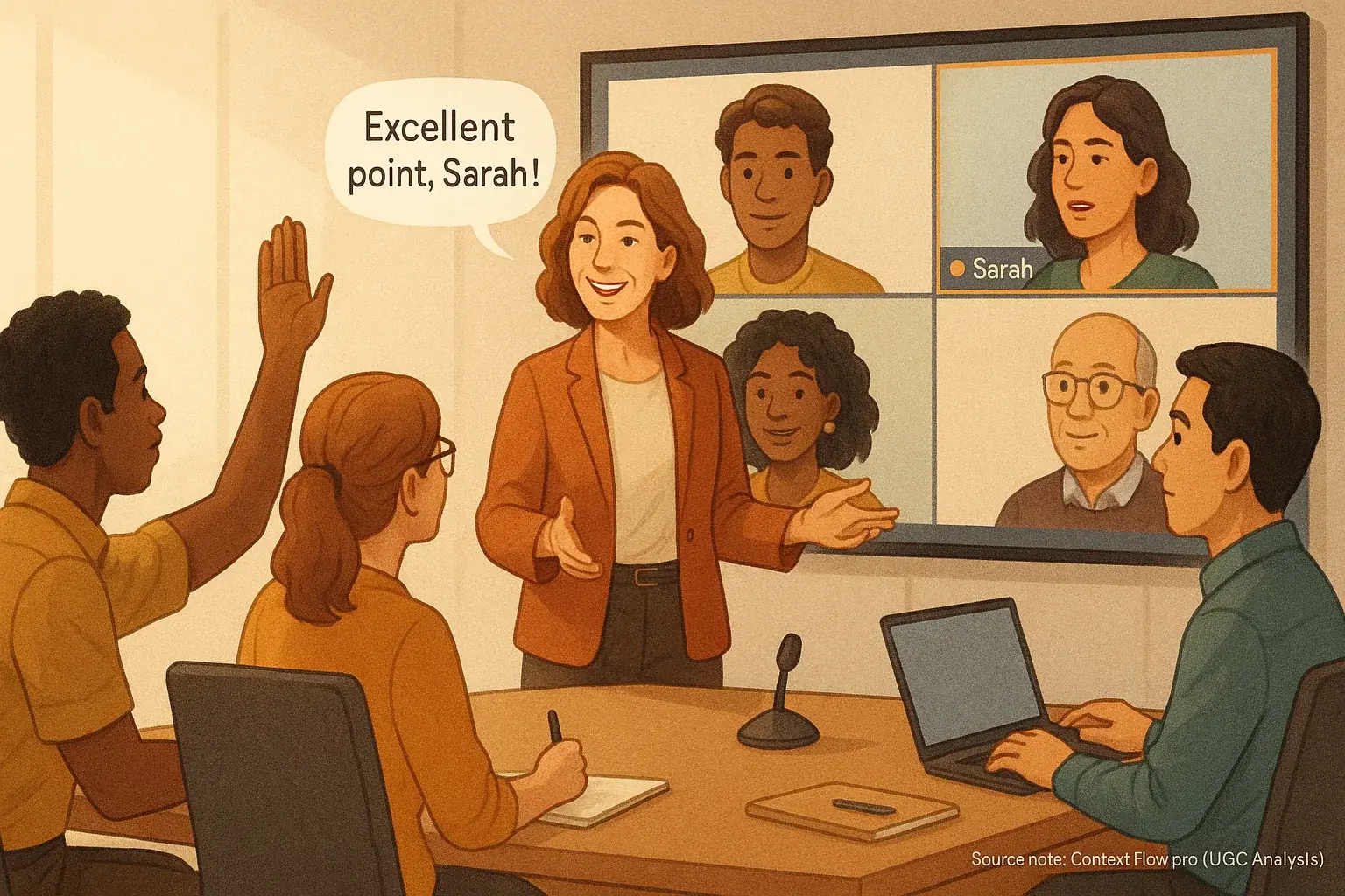 Facilitator in a hybrid meeting ensures inclusive participation, with physical and virtual hands raised to speak.