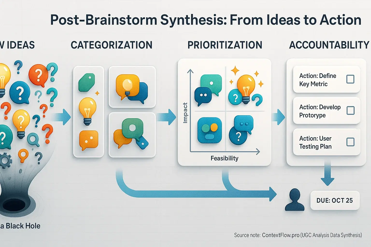 Post-brainstorm synthesis: visual flow transforming scattered ideas into a clear path of actionable, accountable steps.