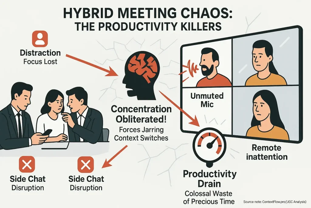 Infographic: Chaotic hybrid meeting shows poor etiquette (mic echo, distraction) causing lost productivity & shattered