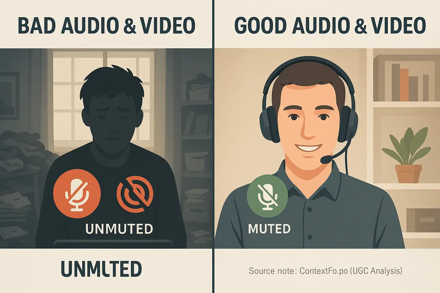 Split screen: Ideal hybrid A/V (clear, lit, headset, tidy) vs. poor (blurry, dark, messy, echo).