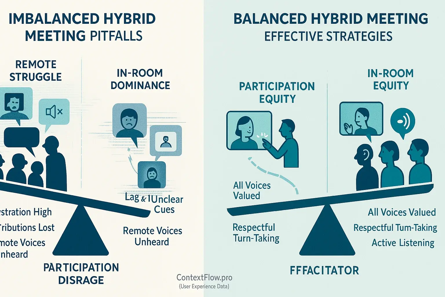 Infographic: Participation balance scale for hybrid meetings. Unbalanced: remote struggle. Balanced: 'raised hand', active