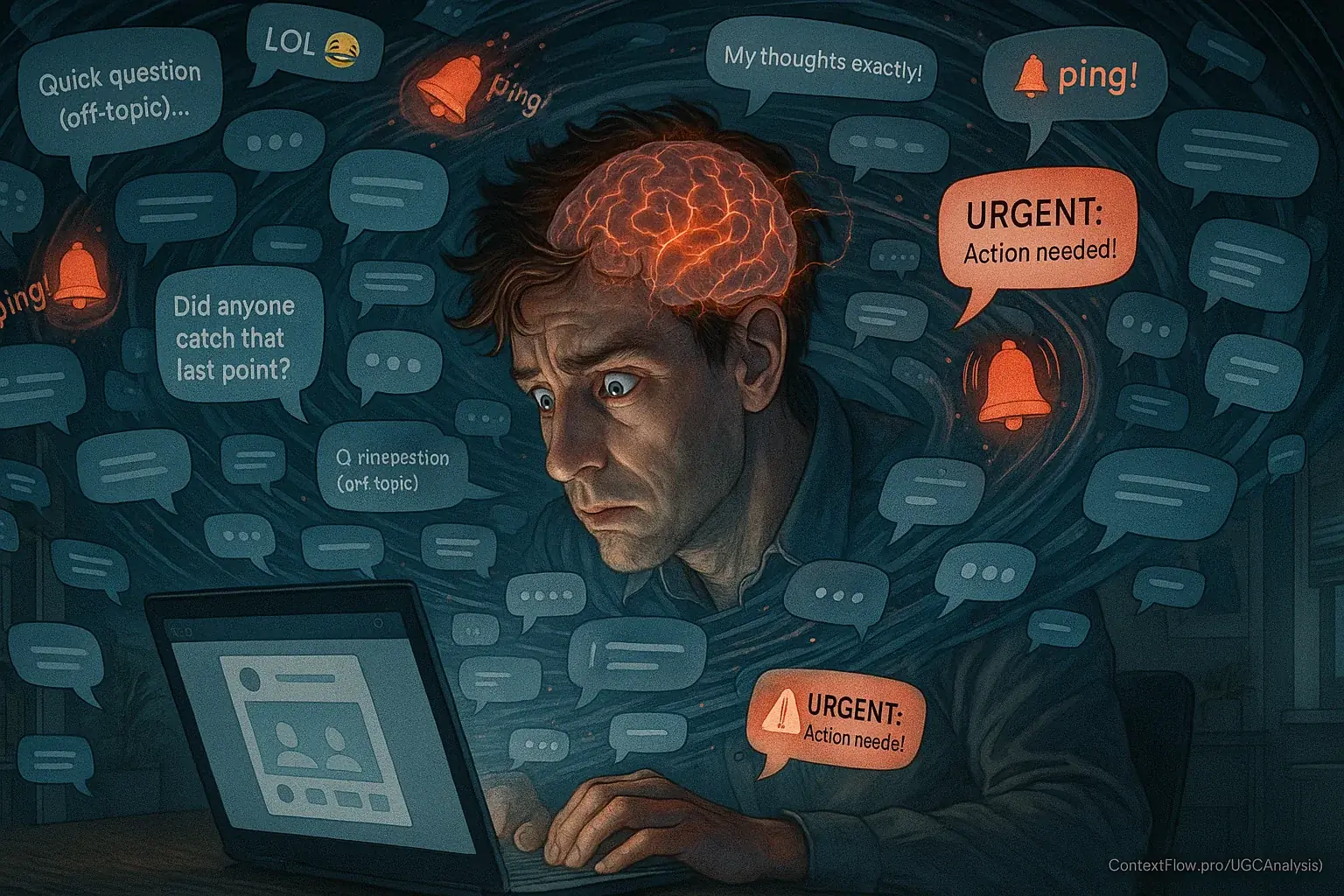 Person in hybrid meeting, brain overwhelmed by a storm of chat notifications, showing meeting chat distraction.