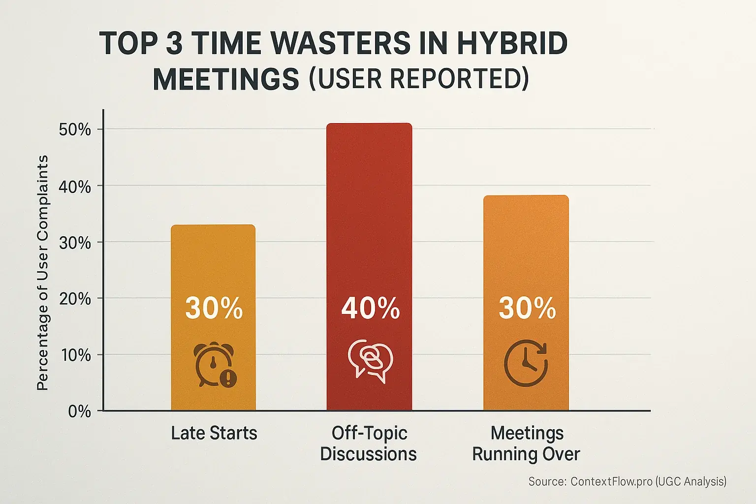 Bar chart: Top 3 time wasters in hybrid meetings (user-reported): Off-topic talks 40%, late starts 30%, overruns 30%.