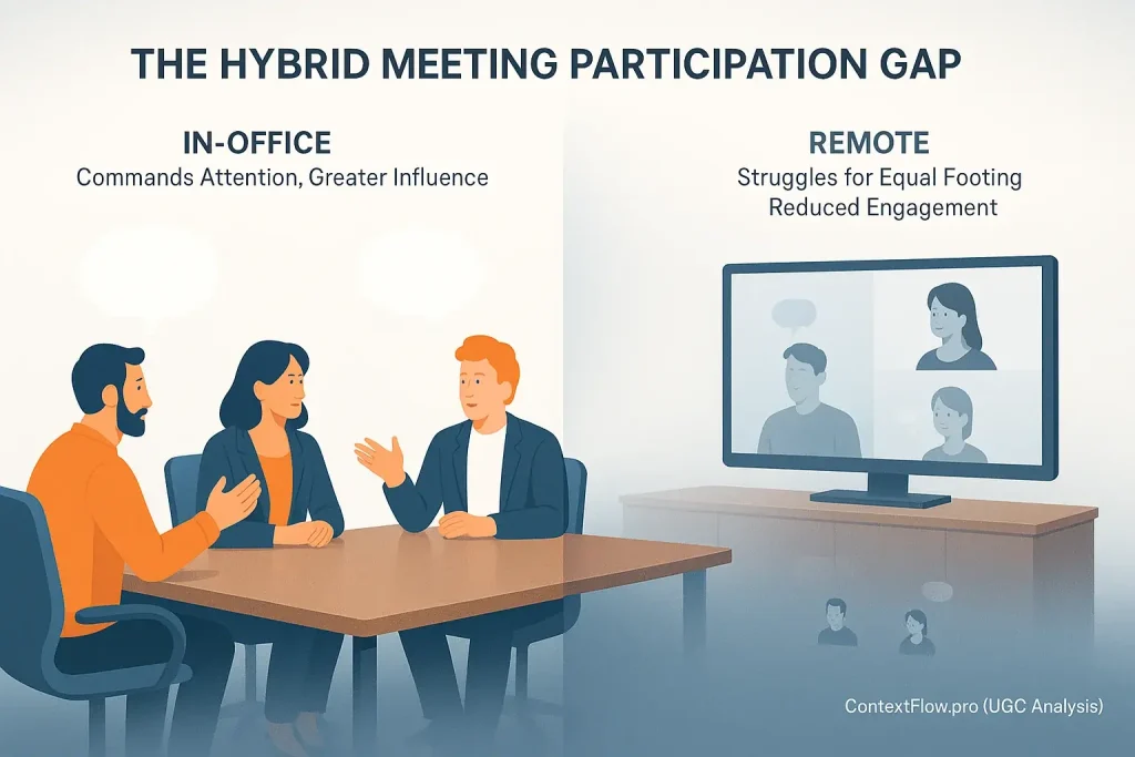 Infographic: Remote attendees smaller, less engaged than in-office peers, illustrating the participation gap concept.