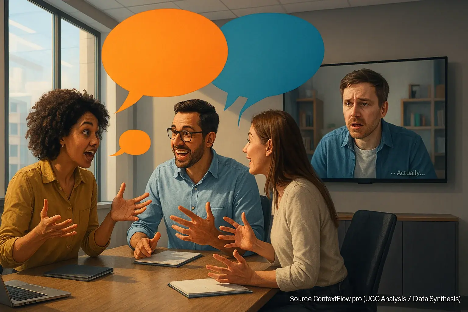 Remote worker's small, ignored speech bubble on video call contrasts with loud, dominant in-office voices.
