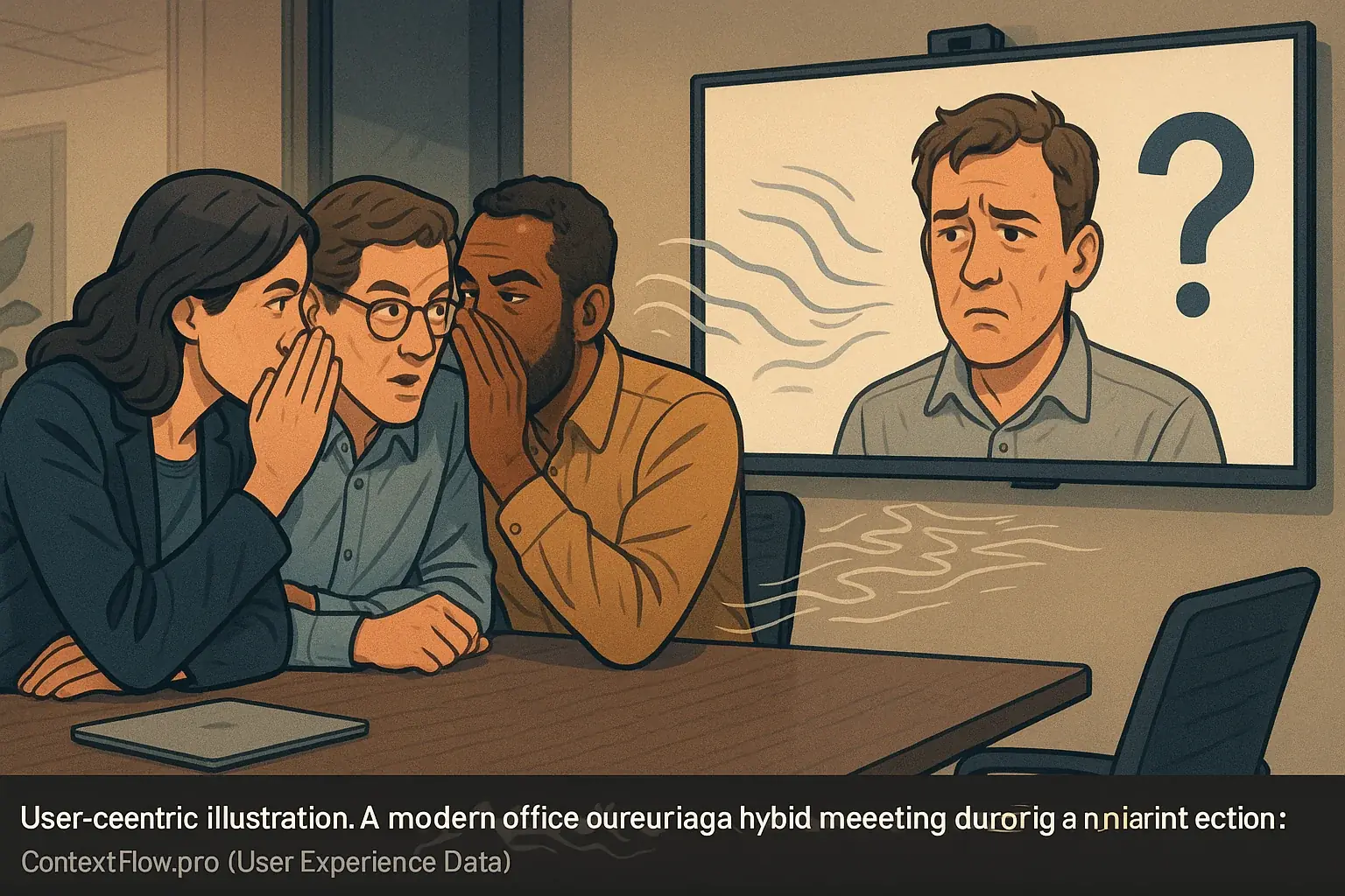 In-office huddle and whispers exclude a confused, isolated remote colleague on screen, illustrating the 'huddle trap'.