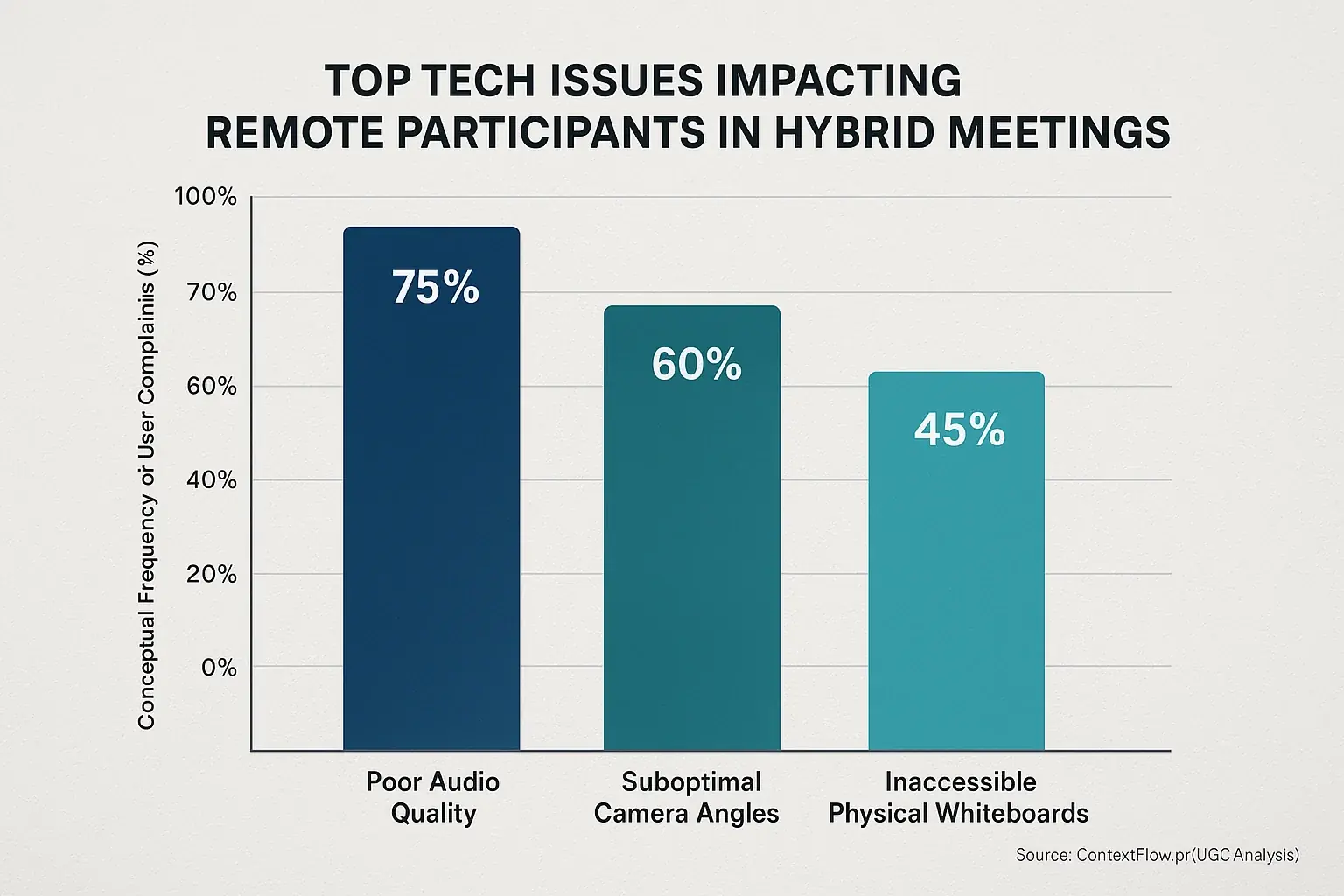 Bar chart: User insights show poor audio, camera issues, screen sharing as top hybrid meeting tech problems.