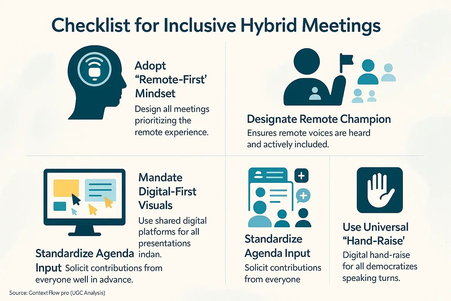 Infographic checklist: 4-5 user-tested strategies to achieve inclusive hybrid meetings and bridge participation gaps.