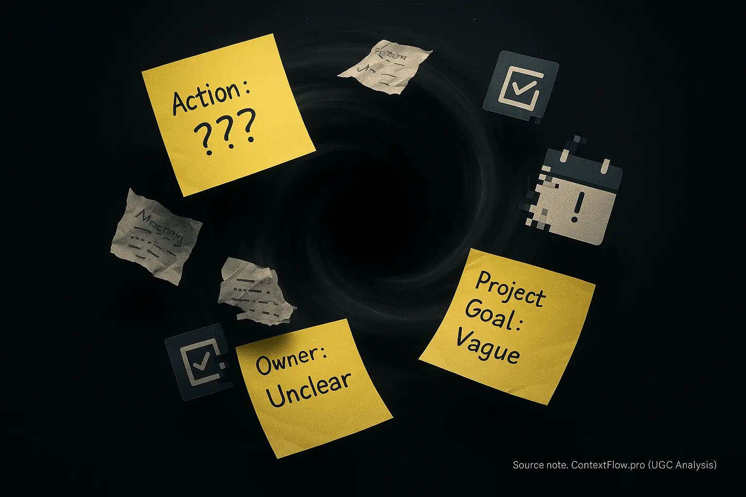 Abstract black hole consumes sticky notes & digital tasks, symbolizing lost action items from hybrid meetings.