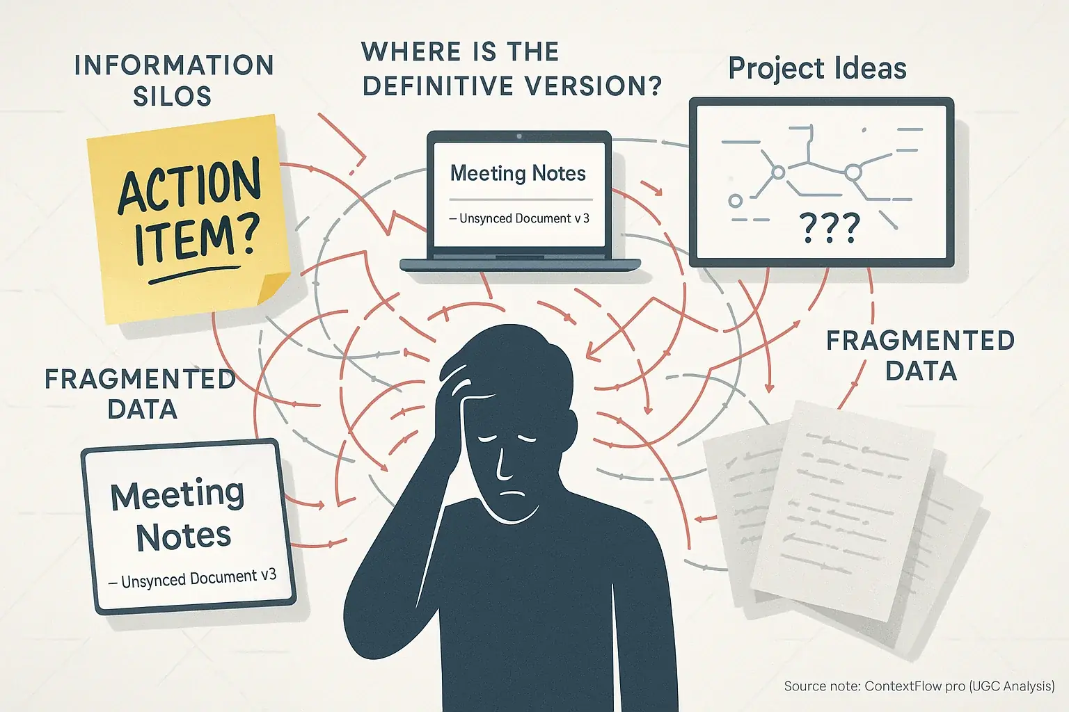 Fragmented, disconnected notes on various surfaces point to a confused person, showing a note-taking & sharing breakdown.