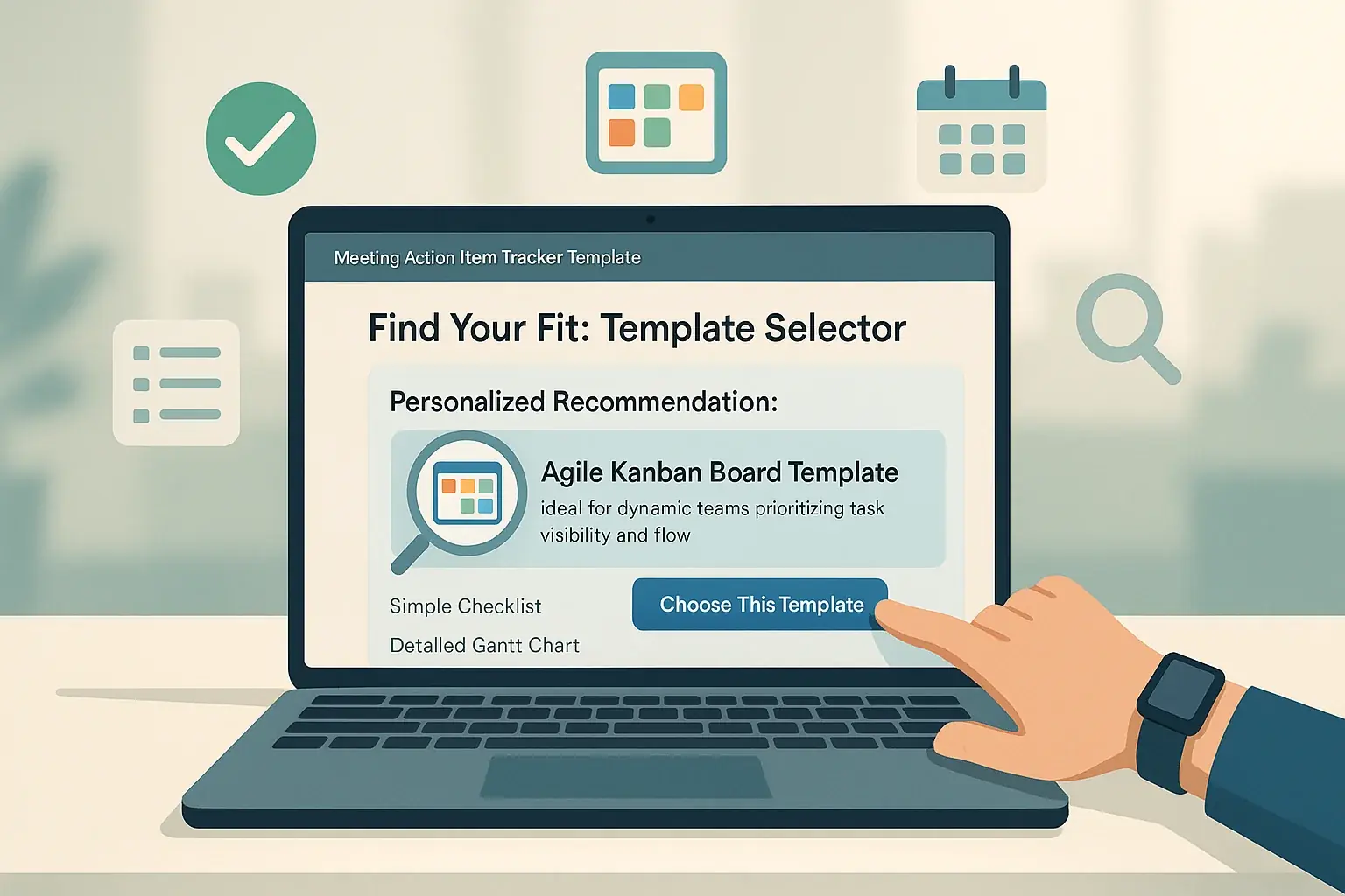 User interacts with the clean Meeting Action Item Tracker Template Selector on a laptop, choosing a fit with task icons.