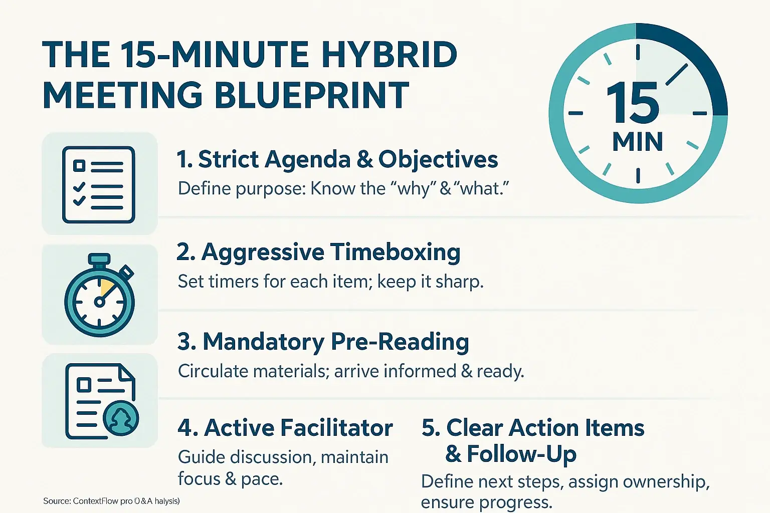 Infographic: Step-by-step visual guide with icons for successful 15-min hybrid meetings: agenda, timeboxing, clear outcomes.